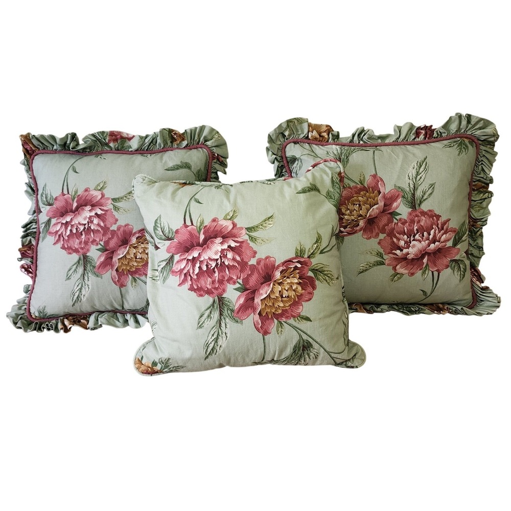 Vintage Floral Sage Green Ruffle Throw Pillows Set of 3 Peony Cottagecore